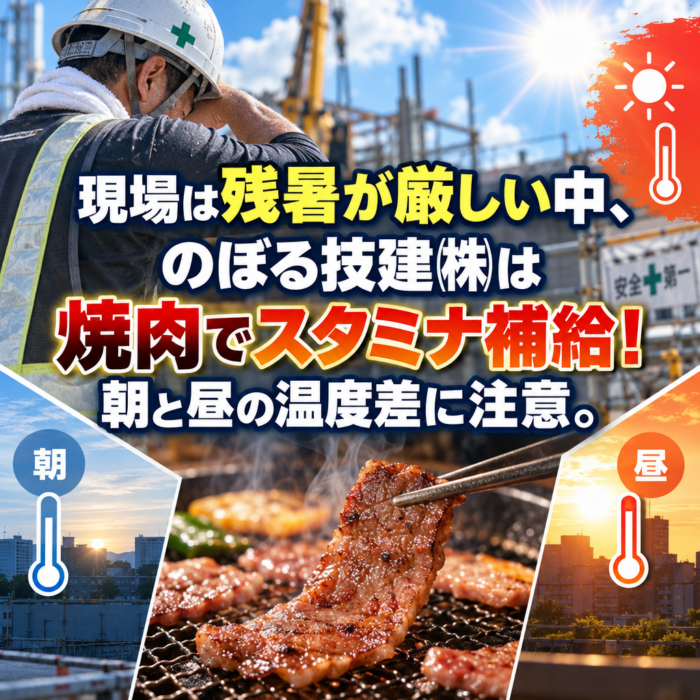 現場は残暑が厳しい中、焼肉でスタミナ補給！朝と昼の温度差に注意。